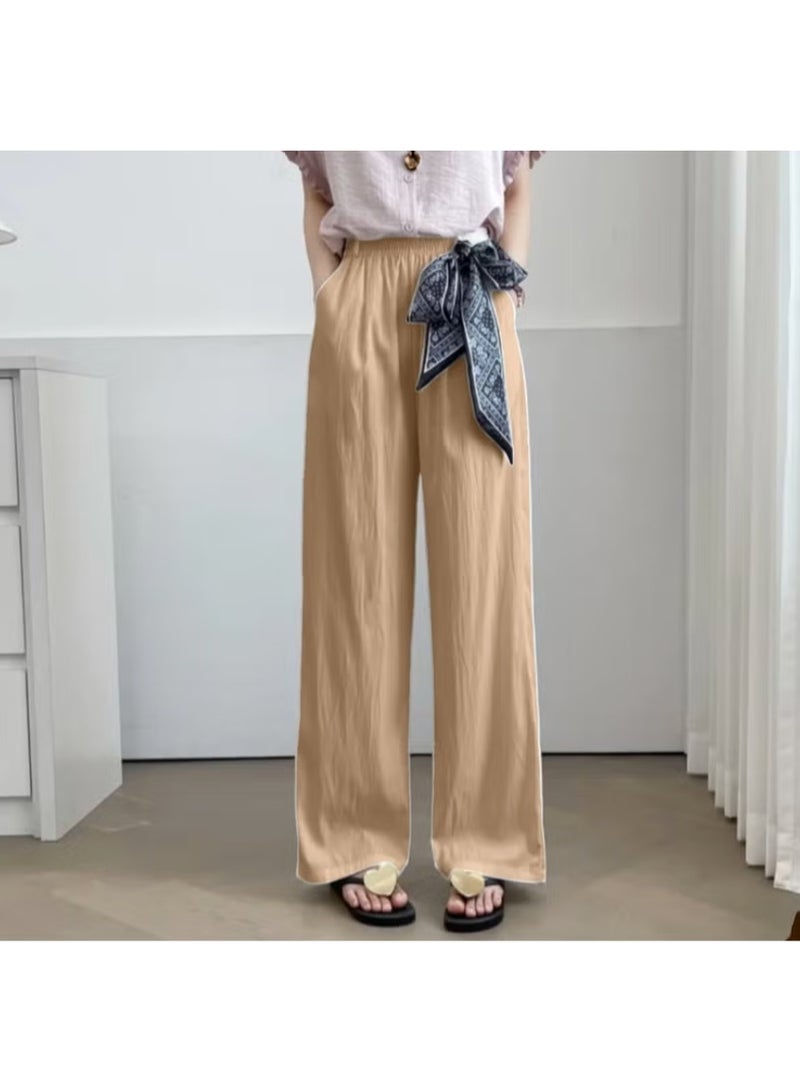 بنطلون بالازو واسع الساقين بمقاس حر، مزود بحزام خصر مطاطي وحزام وشاح مزخرف للنساء - Image 1